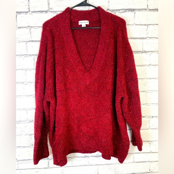 Ava & Viv Red Metallic V Neck Holiday Sweater size 3X - Picture 1 of 10